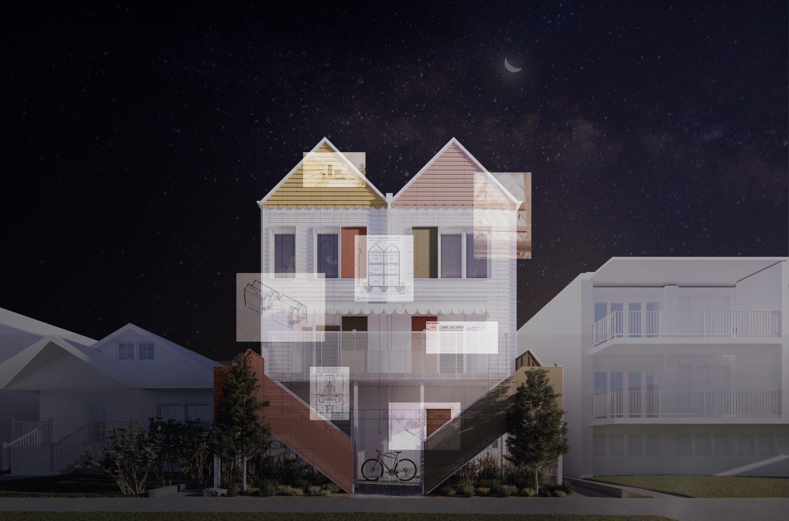 The Goodweather at night, its facade lit with projected drawings under a starry sky.
