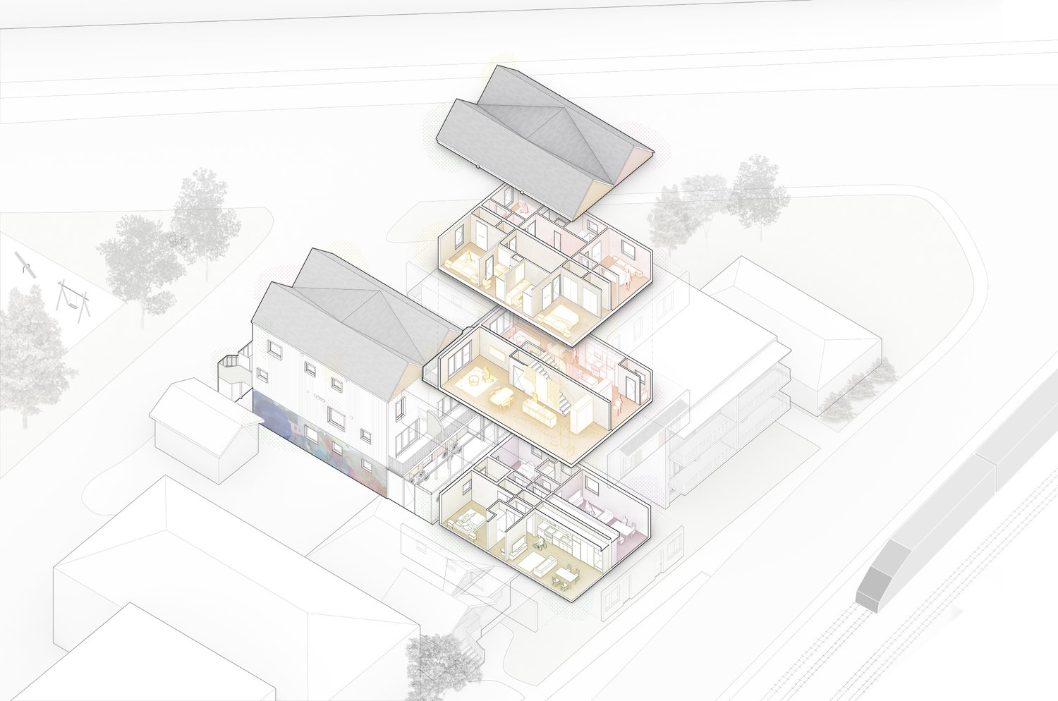 Exploded axonometric of The Goodweather showing the eight homes stacked across three floors.