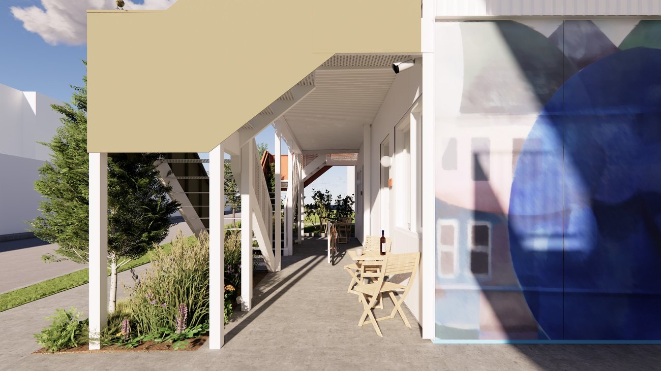The Goodweather front porch with seating, planters, and a mural along the wall.
