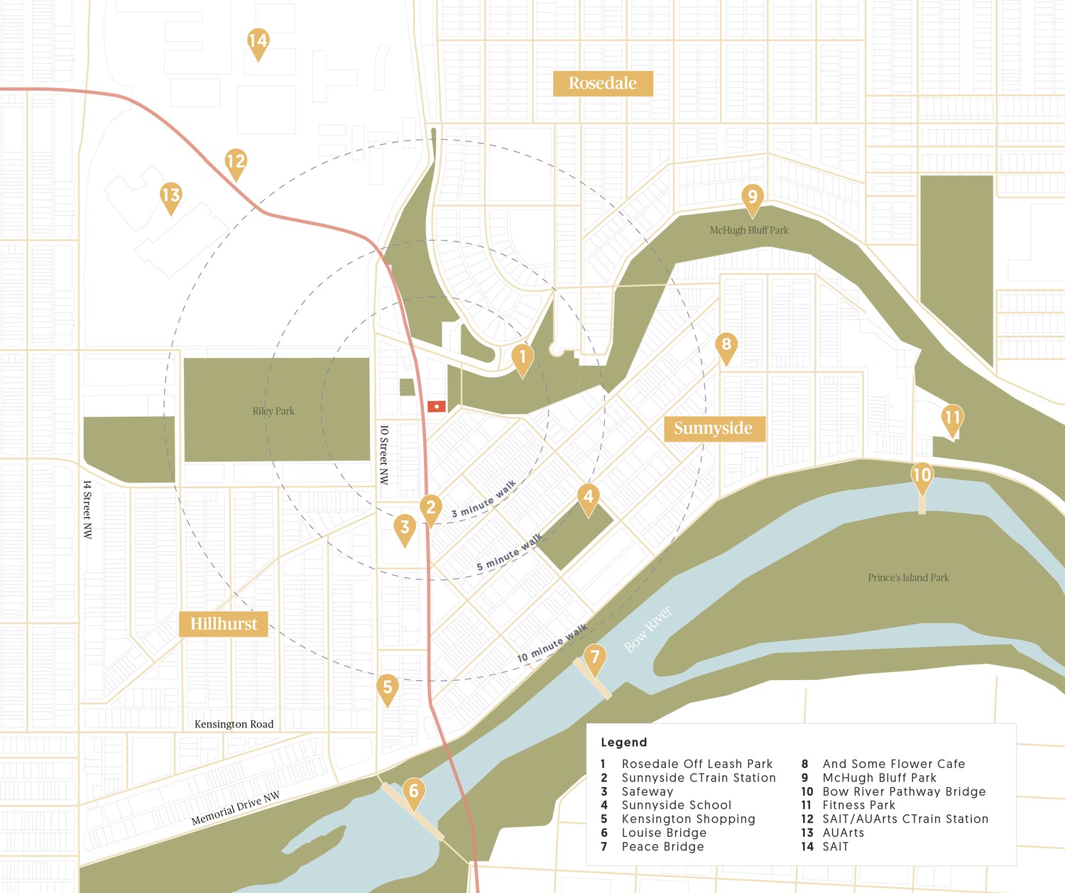 Neighbourhood map showing The Goodweather near the CTrain, McHugh Bluff, and Kensington.