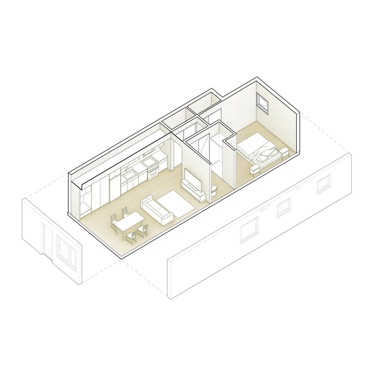 Cutaway axonometric of the one-bedroom home.