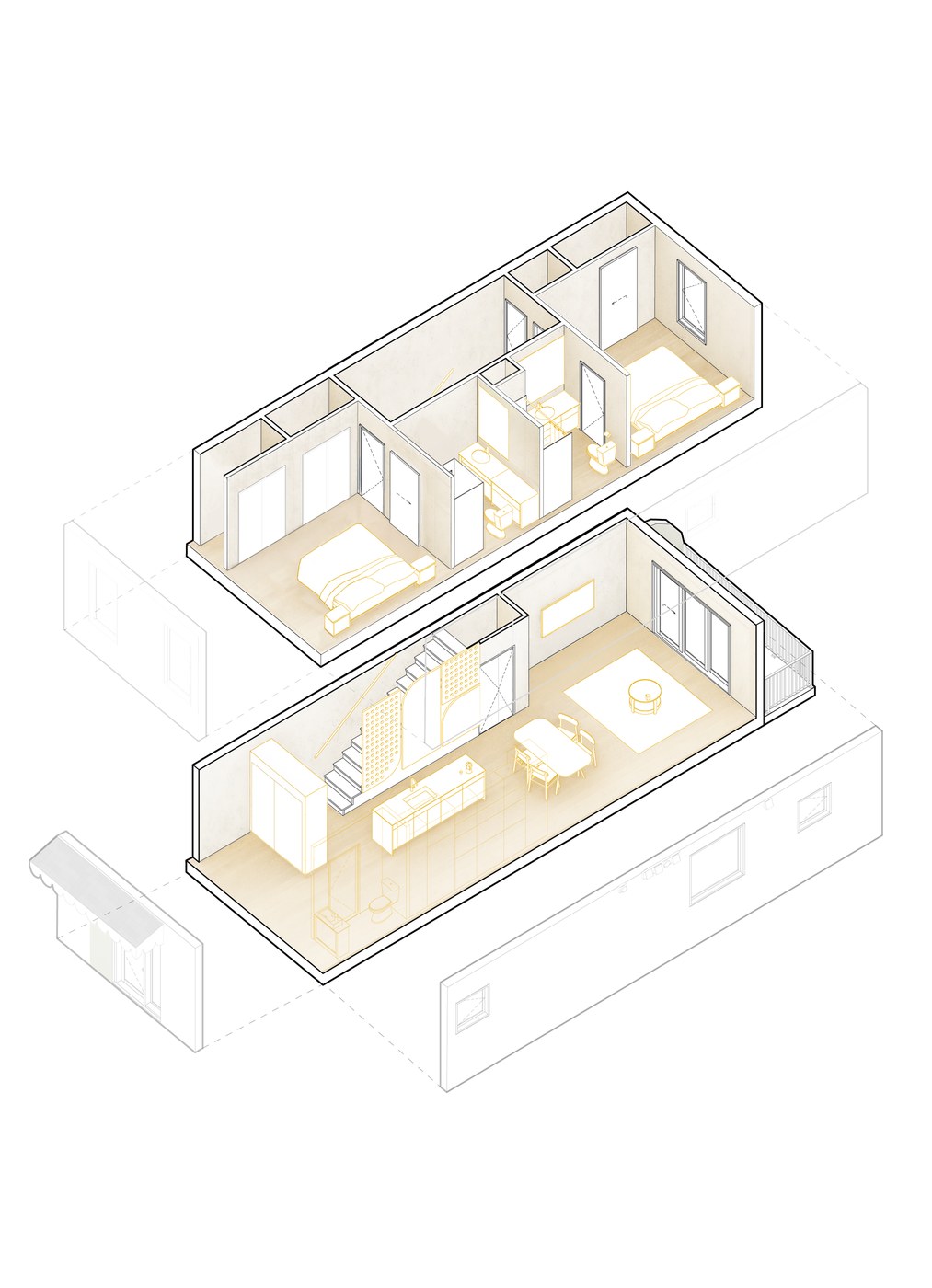 Cutaway axonometric of the two-bedroom home.