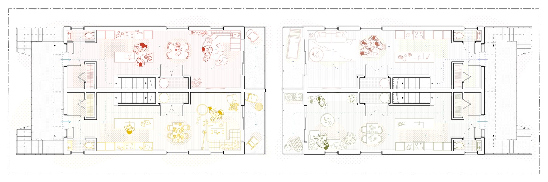 Colour plan, main level of the two-bedroom home.