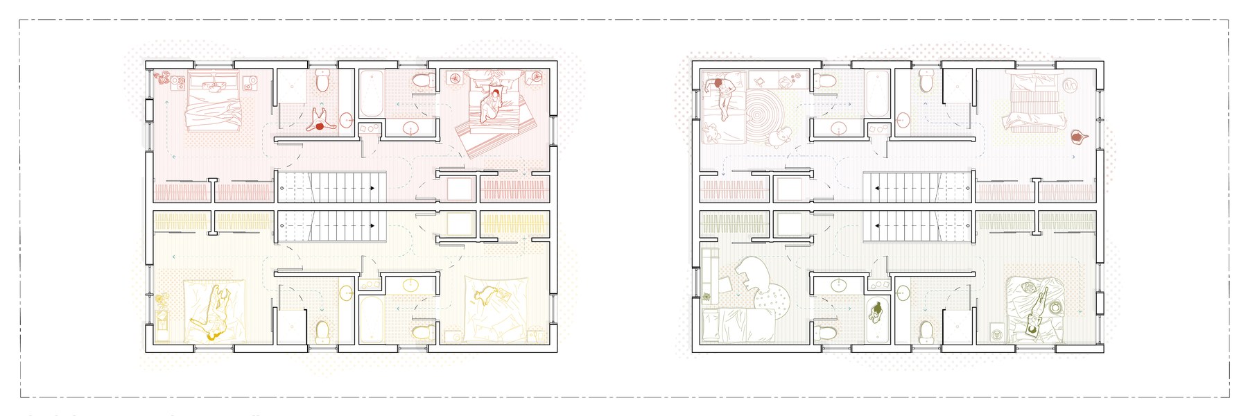 Colour plan, upper level of the two-bedroom home.